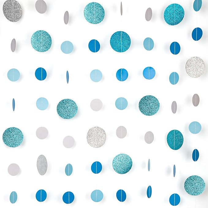 8 Pack Blue Glitter Dot Garland, Hanging Circle Streamers Banner, Backdrop Hanging Decorations for Baby Showers, Weddings, Birthday Parties, Winter Celebrations, and Holiday Decorations