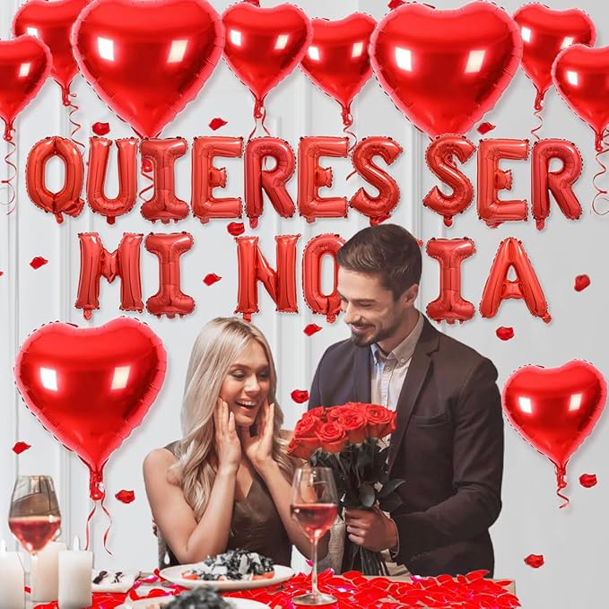 2 Set 16 Inch QUIERES SER MI NOVIA Balloons, Red Will You Be My Girlfriend Letter Balloons Spanish with 200pcs Artificial Rose Petals for Valentines Anniversary Day Banner Decorations