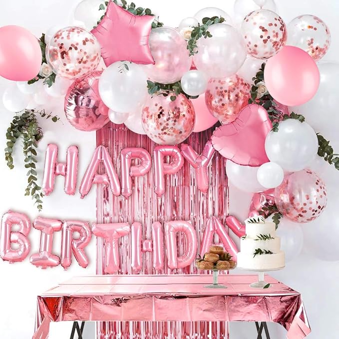 MOVINPE Pink Birthday Party Decoration, Happy Birthday Banner, Rose Gold Fringe Curtain, Foil Tablecloth, Heart Star Foil Confetti Balloons, 10g Table Confetti for Women Girl Birthday Party