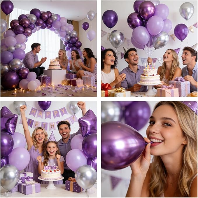 400 Pcs Purple Balloons 12 Inch Latex Bulk Metallic Purple Silver Assorted Color Balloon Set for Birthday Wedding Baby Shower Party Decorations ﻿