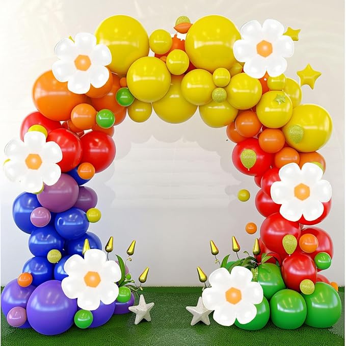 Spring Daisy Flower Balloon Garland Arch Kit 160Pcs Red Orange Yellow Green Blue Purple White Groovy Flower Balloons for Baby Bloom Daisy Floral Two Groovy Wedding Party Decorations