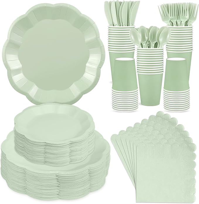 350 Pcs Sage Green Party Paper Plates and Napkins Set Include 9" Easter Plates & 7" Dessert Plate Disposable Scalloped Tableware Serve 50 Guest for Wedding Baby Shower Bridal Shower Birthday
