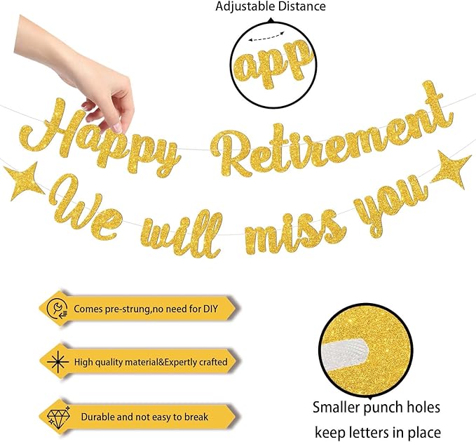 Gold Happy Retirement Banner for Happy Retirement Decorations,We Will Miss You Banner-Glitter Going Away Party Decor Sign Goodbye Farewell Decorations Party Supplies for Coworker Men Women