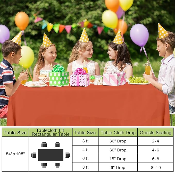Smiry Disposable Table Cloth - 6 Pack, 54 x 108 Inch Waterproof Rectangle Tablecloths for Parties, Decorative Plastic Table Cover, Leakproof & Sturdy, Burnt Orange