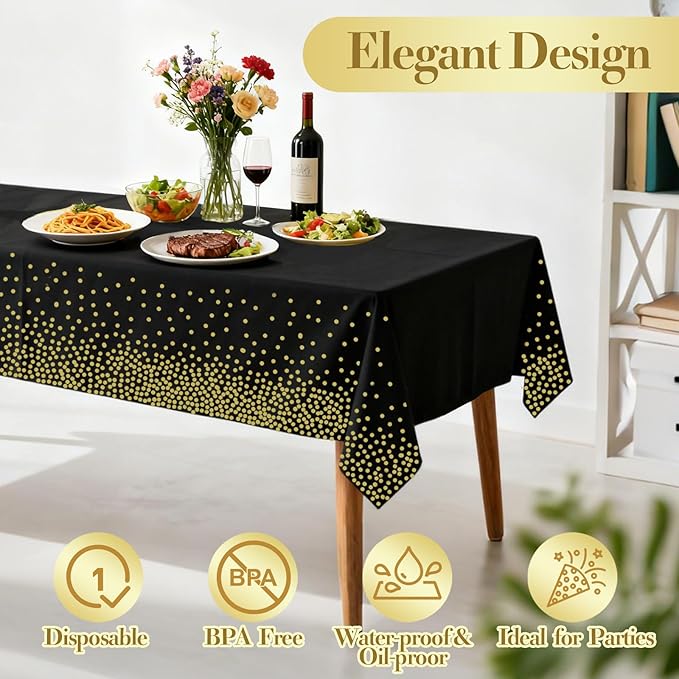 4 Pack Plastic Tablecloths for Rectangle Tables, Black and Gold Waterproof Disposable Party Table Cloths, Table Covers for Decorations, New Year Graduation Birthday Cocktail, 54" x 108"