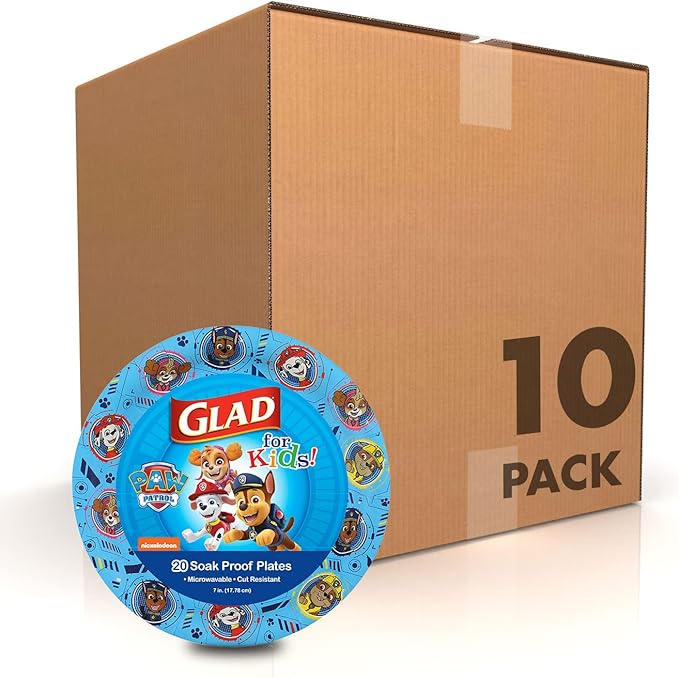 Glad for Kids Paw Patrol Disposable Paper Plates, Heavy Duty Soak Proof Microwavable Kids Plates for Parties, Birthdays, and Everyday Meals, Core Pups Blue, 7 Inch, 20 Count - 10 Pack