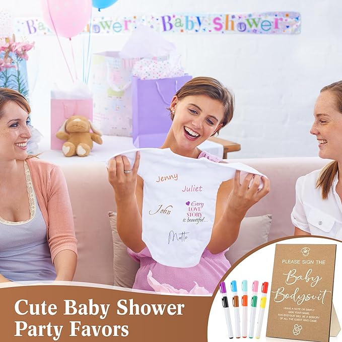 Qunclay 12 Pcs Baby Shower Game Decor with White Unisex Bodysuit Wooden Sign Tabletop Decor and Marker for Guests(Kraft)