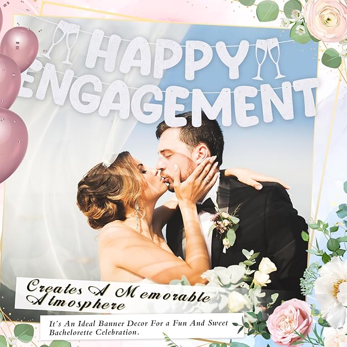 Breling Pre Strung Happy Engagement Banner Glitter Engagement Party Decorations for Congratulations Engaged Wedding Shower Signs Decor(White)