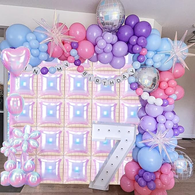 Iridescent Balloons Wall Square, 25Pcs Transparent Laser Foil Balloon Backdrop, Double Sided Gradient Crystal Colorful Balloon Tunnel Arch Background for Birthday Wedding Baby Shower Easter Rainbow
