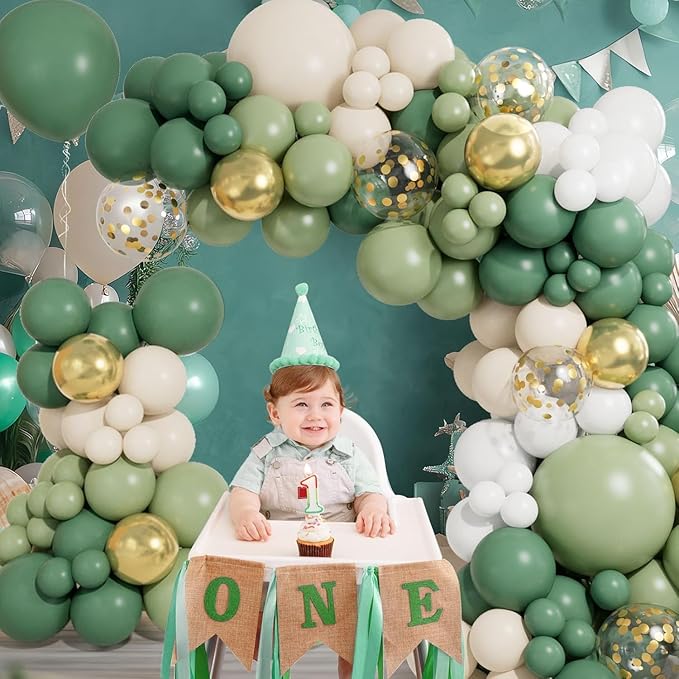 CboDeco Sage Green Balloon Garland Arch Kit, Sage Green Olive White Gold Balloons in 18 12 10 5 inch, Metallic Confetti Balloons for First Communion Safari Baby Shower Birthday Baptism Decorations
