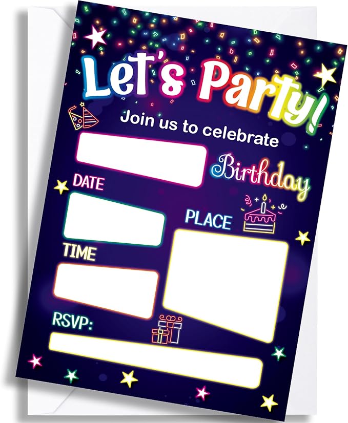 WorldBazaar Neon Birthday Invitations With Envelopes 20 Pack Let's Glow Theme Kids Birthday Party Invitation For Boys Girls Birthday Party Supplies