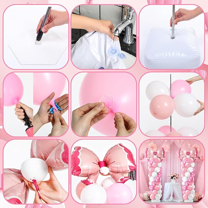 Kasyat 2 Sets Pink Bow Balloon Column Stand Kit with 2 Pink Bow Foil Balloons 100 Latex Balloons, Adjustable Stands Pink and White Balloon Garland Arch for Bridal Princess Birthday Coquette Party