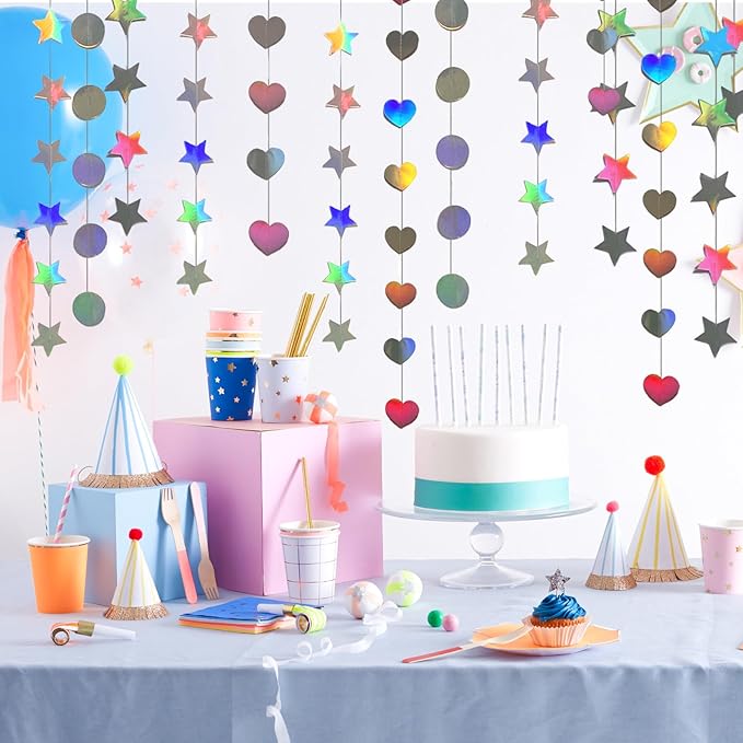 Iridescent Dot Heart Star Streamers 19.8 Feet Paper Garlands Glitter Disco Garland Hanging Banner for Birthday Homecoming Classroom Mothers Day Wedding Engagement Birthday Party Supplies