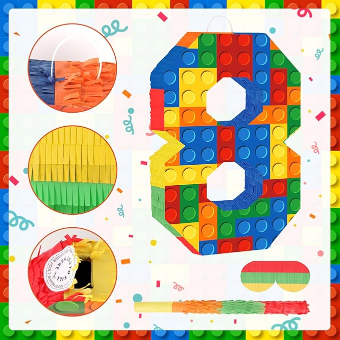 Number 8 Pinata Building Blocks 8th Birthday Party Decorations with Pinata Stick Blindfold for Kids Happy Birthday Building Block Theme Party Supplies (Small, 16 x 10.6 x 3 In)