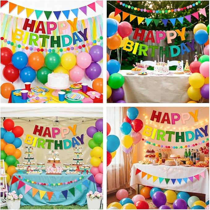 Pre-Strung 3D Happy Birthday Banner, 38 PCS Felt Ball Garland HAPPY BIRTHDAY Sign, Rainbow Pom Pom Garland, Triangle Fabric Bunting Party Banners, Reusable Rainbow Birthday Party Decorations for Girls Boys Women Men