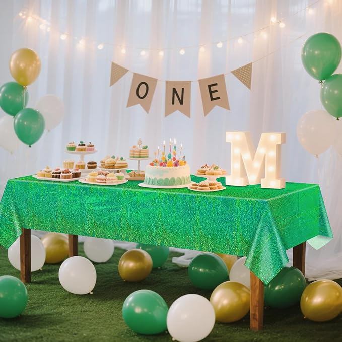 4Pcs Green Holographic Tablecloths Rectangular Green Iridescent Tablecloth Shimmer Metallic Table Covers for St. Patrick's Day Birthday Christmas Witch Theme Party, 54x108Inch