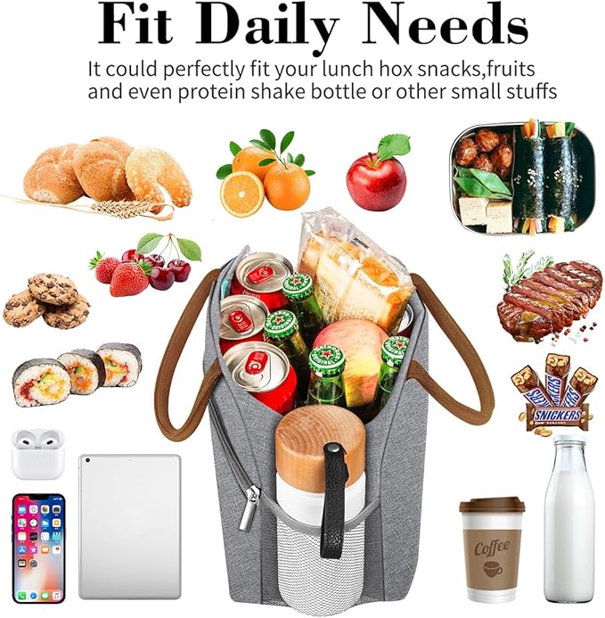 Coobiiya Lunch Bag Lunch Box for Women Men,Small Leak-proof Cute Lunch Tote Large Capacity Reusable Insulated Cooler Lunch Container for Work/Office/Picnic/Beach，Grey