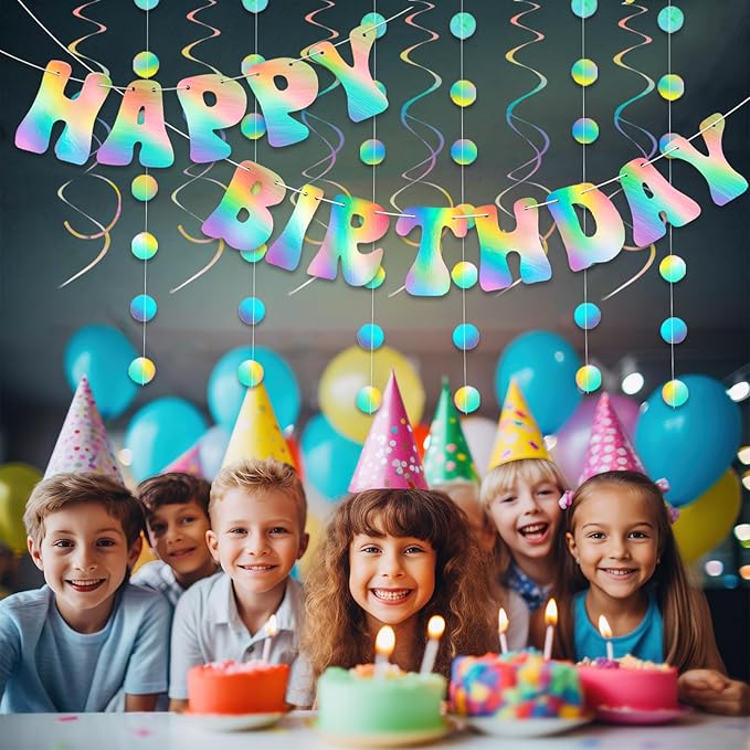 Happy Birthday Banner Iridescent Party Decorations, Fufuddz Funny Birthday Sign, Pre-Strung Holographic Garland & Hanging Swirls Decor for Disco Bachelorette, Girls Women 21st 30th 40th 50th 60s 70s