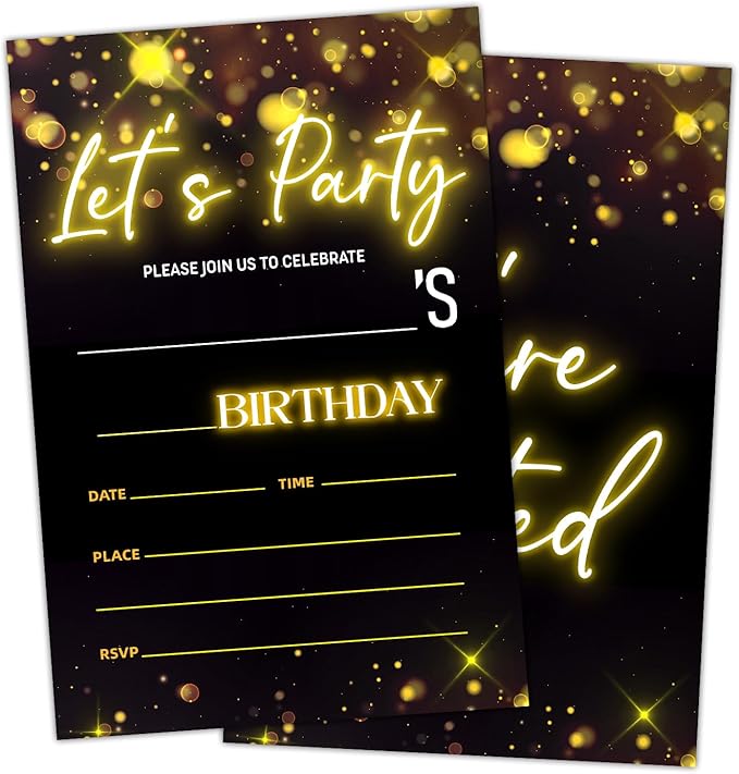 Let's Party! Birthday Party Invitation Cards for Boys Girls, Gold Glitter Birthday Celebration Party Invite Cards Supplies, 20 Double-Sided Fill In Invites With Envelopes -16