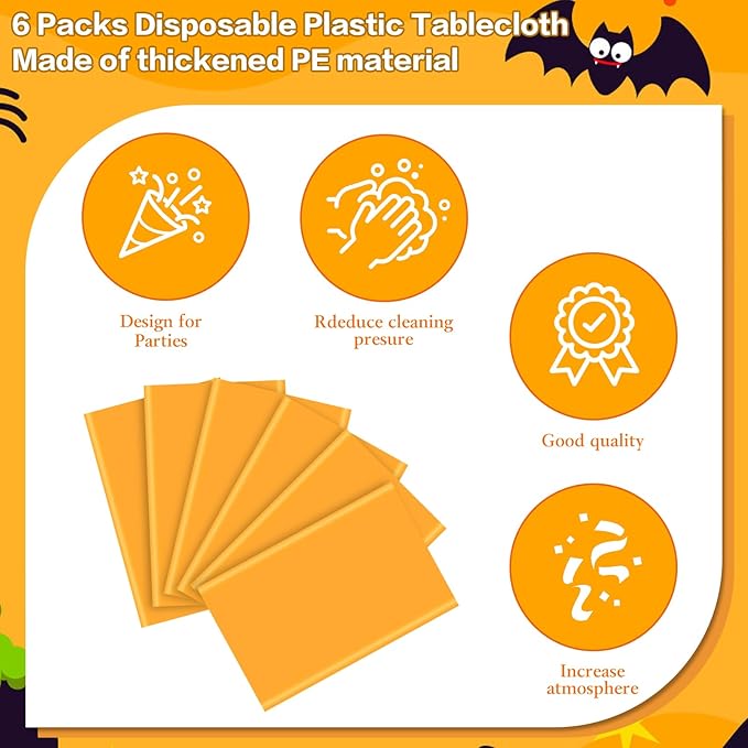 mwellewm 6Pcs Plastic Table Cloth Disposable, Orange Tablecloth Rectangle Bulk Solid Table Cover for Birthday Wedding Graduation Picnic Fiesta Home Party Decorations