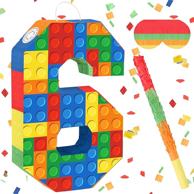 Number 6 Pinata Building Blocks 6th Birthday Party Decorations with Stick Blindfold for Kids Girls Boys Fiesta Carnival Games Happy Birthday Anniversary Celebration Party Supplies