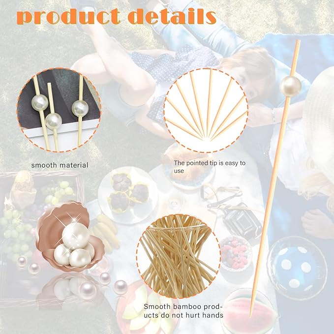 120pcs White Pearl Cocktail Picks Fancy Fruit Sticks Long Decorative Toothpicks Sandwich Food Skewers, 4.7", Disposable, Made of Bamboo, for Appetizer Charcuterie Garnishing Party Supplies