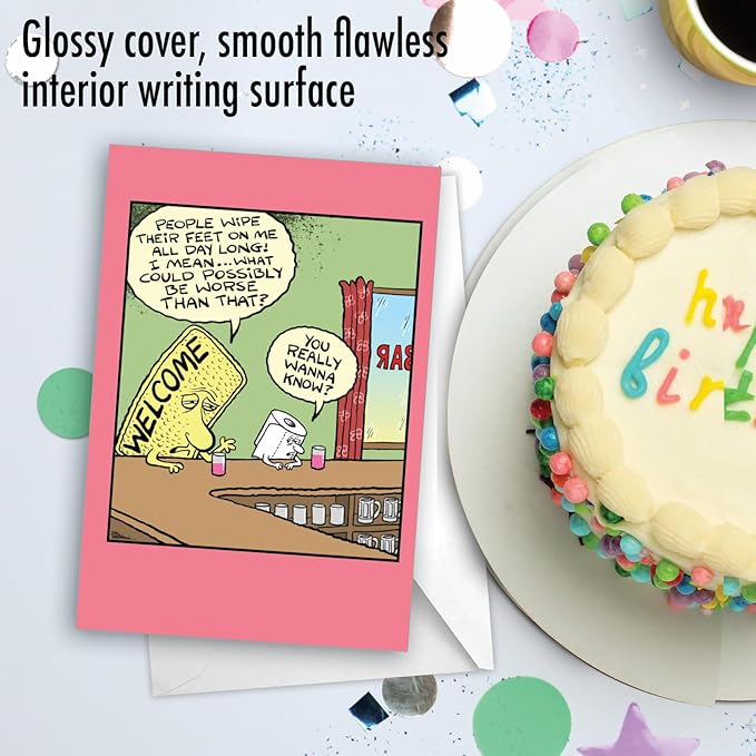 NobleWorks Funny Cartoon Birthday Greeting Card for Men and Women with 5 x 7 Inch Envelope (1 Card) Bday Welcome Mat C9283BDG