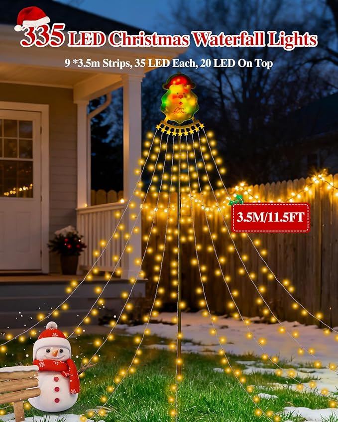Christmas Waterfall Outdoor String Lights, Christmas Tree Lights with Topper 335 LED 11.48ft 9 Strands, 8 Lighting Modes Holiday New Year Decoration Lights for Wedding Yard Party Home Indoor Decor