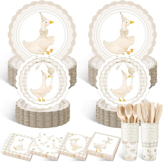 Zhehao 350 Pcs One Silly Goose Birthday Party Tableware Set Beige Scalloped Baby Shower Plates Cup Napkins Forks for Birthday Party Decorations Supplies for 50 Guests