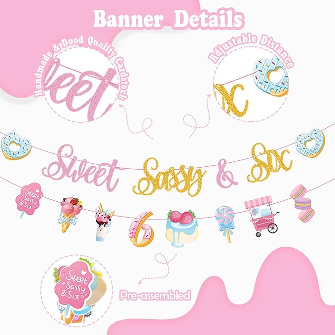 Sweet Sassy and Six Birthday Decorations for Girls - 6th Birthday With Donut Banner, Cake Topper, Foil Balloon for Ice Cream Party