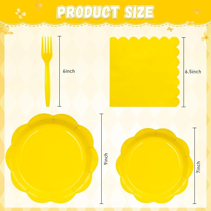 96 Pcs Yellow Paper Plates and Napkins Set Party Supplies, Tableware set for 24 Guest include Disposable Yellow Scalloped Plates, Napkins and Forks for Baby Shower Picnic Wedding Easter
