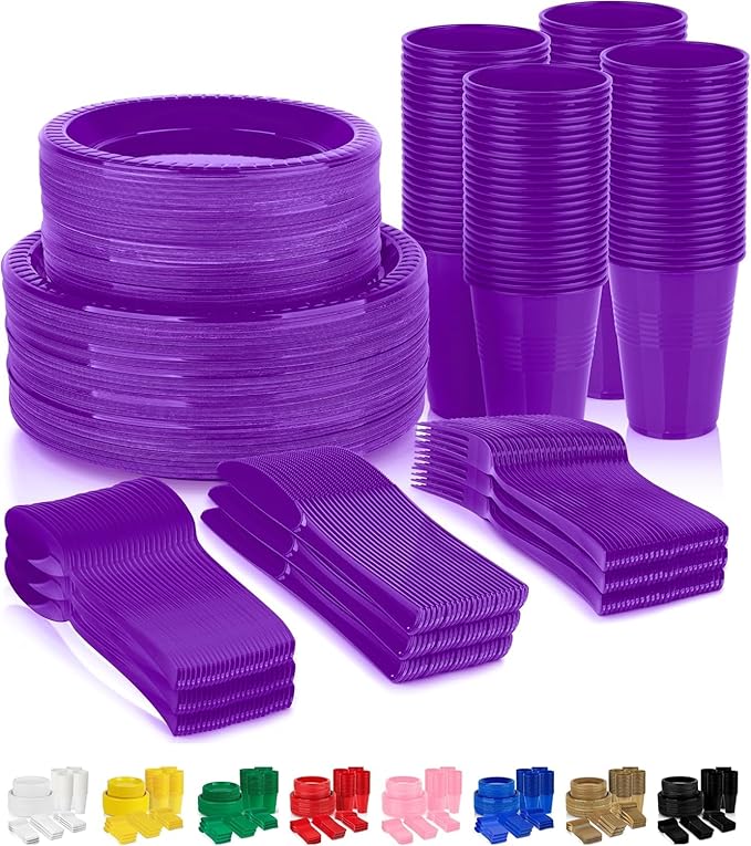 Grandipity 720 Piece Disposable Dinnerware Set, Plastic Dinnerware Set Includes 120 Count 9' Dinner Plates, 7' Dessert Plates, 12oz Cups, Forks, Knives & Spoons - Purple