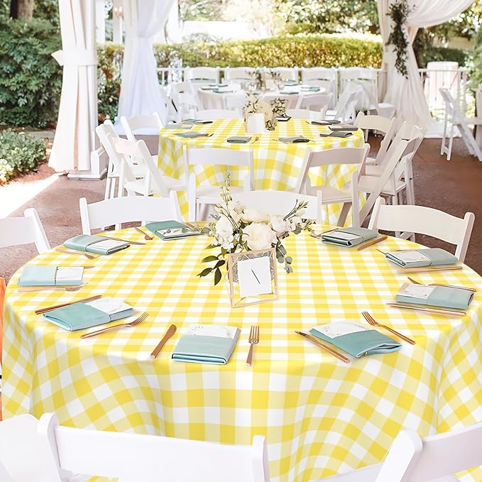 Mulbozy 2 Pcs Yellow Gingham Round Tablecloth, 84 inches Disposable Plastic Yellow and White Checkered Circle Table Covers for Baby Shower Wedding Bridal Shower Birthday Party Decorations