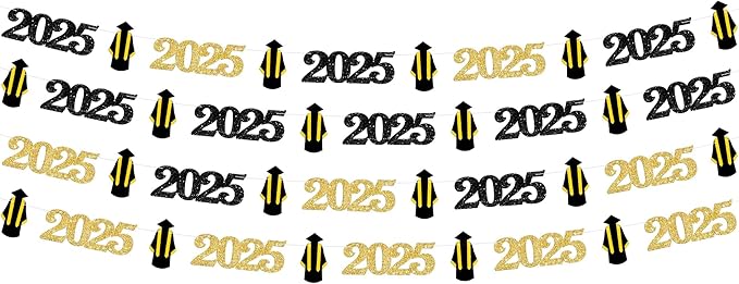KatchOn, Black and Gold Grad Garland 2025-10 Feet, No DIY | Grad Garland Class of 2025 | Graduation Decorations 2025 | Grad Cap Decor for Graduation Decorations 2025
