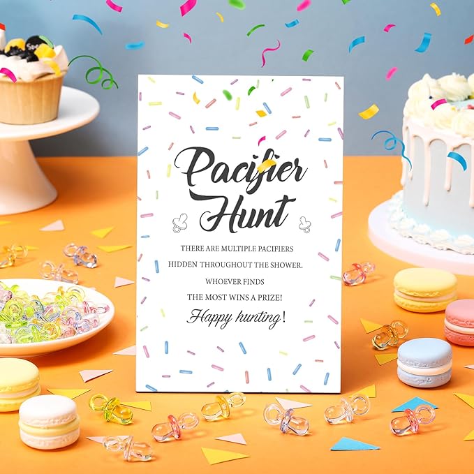 Thyle 51 Pcs Confetti Sprinkle Baby Shower Games It's a Baby Sprinkle Party Decoration Pacifier Hunt Sign and 50 Acrylic Pacifiers Rainbow Confetti Sweet Donut Gender Reveal Party Decor