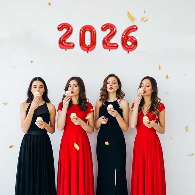 TONIFUL 2026 Red Foil Number Balloons 16 Inch Red Number Banner 2026 Graduation Aluminum Foil Mylar Balloons for New Year Eve Christmas Anniversary Party Supplies