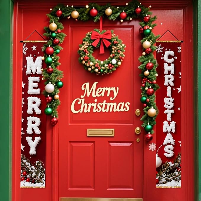 Nuxovilar Merry Christmas Snowflake Decor Polyester Banner 12x70.86 Inches Christmas Door Banner, Festive Home Decor for Living Room, Porch, Holiday Parties