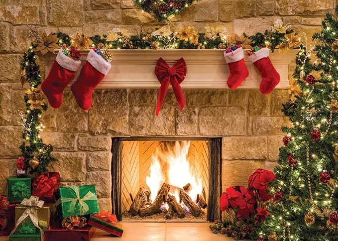 CYLYH 8x6ft Christmas Fireplace Theme Backdrop Christmas Backdrops for Photography Tree Sock Decorations for Xmas Party Supplies Photo Background