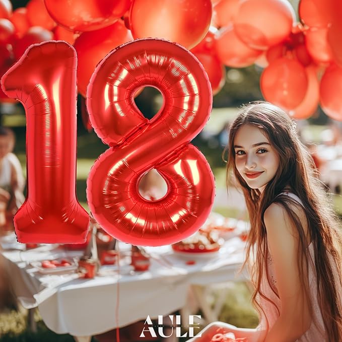AULE 40 Inch Big Red Foil 18 Number Balloons for Girl Large 18th Happy Birthday Decorations Giant Huge Helium Mylar 81 Anniversary Party Decor