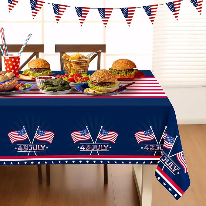 Childom 2 Pack Patriotic Tablecloth,Patriotic Decorations 54" x 108" Disposable American Flag Tablecloth,Plastic Table Cover for Veterans Day Decorations,Fourth of July,Camping,Picnic,Party Supplies