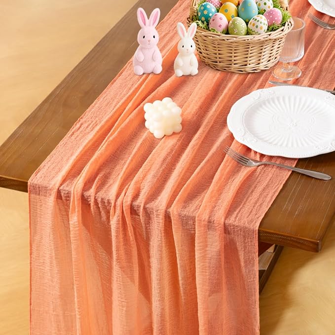 Socomi Peach Orange Easter Spring Gauze Cheesecloth Table Runner 120 Inch Rustic Boho Cheese Cloth Runner for Wedding Party Baby Bridal Shower Centerpiece Decoration Holiday Home Decorations
