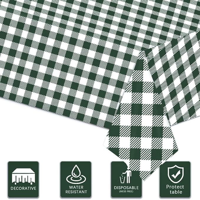 3 Pack Blackish Green Gingham Tablecloths, 54 X 108Inch Disposable Party Table Covers Scalloped Checkered Table Cloth Waterproof Blackish Green White Tablecloth for Birthday Barbecue Tea Party Wedding