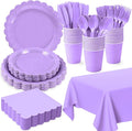 176 PCS Purple Party Decorations - Light Purple Scalloped Plates, Napkins, Cups, Cutlery, Tablecloth for Baby Shower, Wedding, Lavender Birthday Decorations, Serves 25