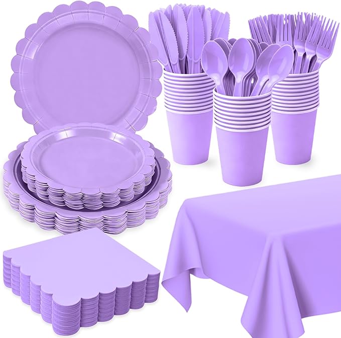 176 PCS Purple Party Decorations - Light Purple Scalloped Plates, Napkins, Cups, Cutlery, Tablecloth for Baby Shower, Wedding, Lavender Birthday Decorations, Serves 25