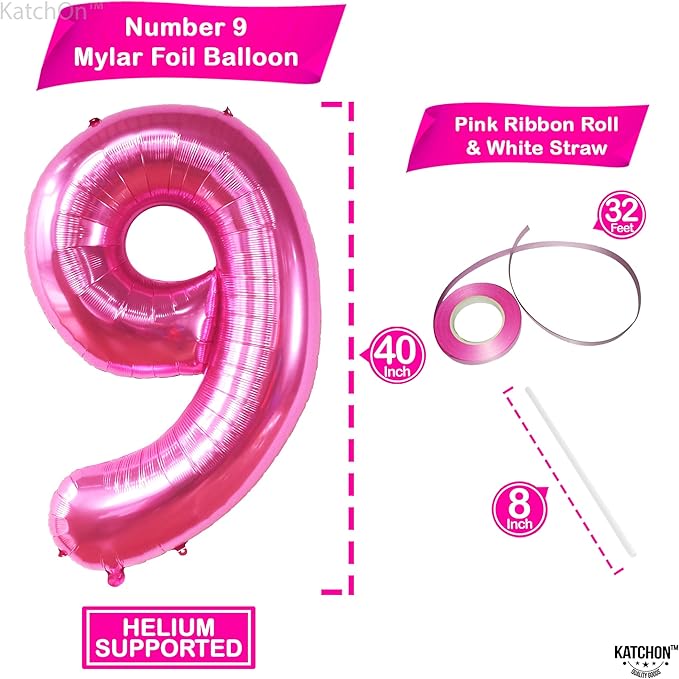 KatchOn, Giant Hot Pink Number 9 Balloon - 40 Inch | Foil 9 Birthday Balloon for 9th Birthday Decorations | 9th Anniversary Decoration | Hot Pink Party Decoration