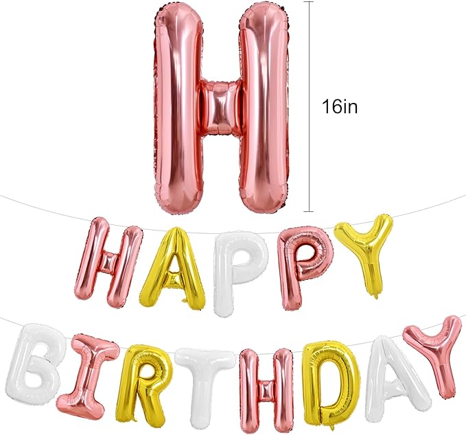 TONIFUL Happy Birthday Balloons Banner 16 Inch Mylar Foil Letters Birthday Sign Reusable for Girls Boys Kids & Adults Birthday Party Decorations Supplies（Rose Gold Gold White）