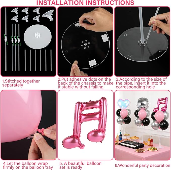 4 Sets Music Party Balloons Stand Kit with Music Note Guitar Disco Ball Colorful Heart Foil Balloons Concert Party Balloon Centerpiece for Tables for Indoor Outdoor Birthday Kpop Decorations