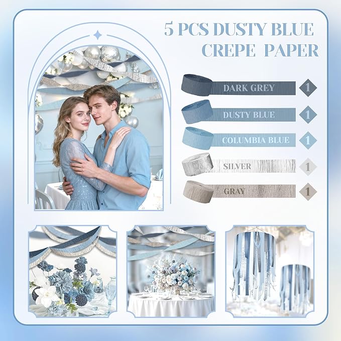 NICROLANDEE 5 Rolls Dusty Blue Grey Silver Crepe Paper Streamers for Wedding Decorations, Paper Garland Decoration for Something Blue Bridal Shower, Birthday, Bachelorette, Baby Shower Backdrop