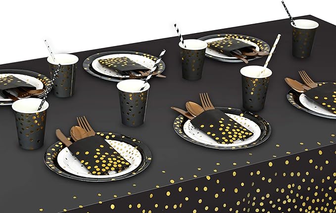 Gexolenu 4 Pack Black and Gold Plastic Tablecloth for Rectangle Tables(54" x 108"), Party Table Cover for Birthday, Table Cloths for Graduation, Retirement Party Decoration, Class of 2026