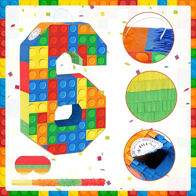 Number 6 Pinata Building Blocks 6th Birthday Party Decorations with Stick Blindfold for Kids Girls Boys Fiesta Carnival Games Happy Birthday Anniversary Celebration Party Supplies